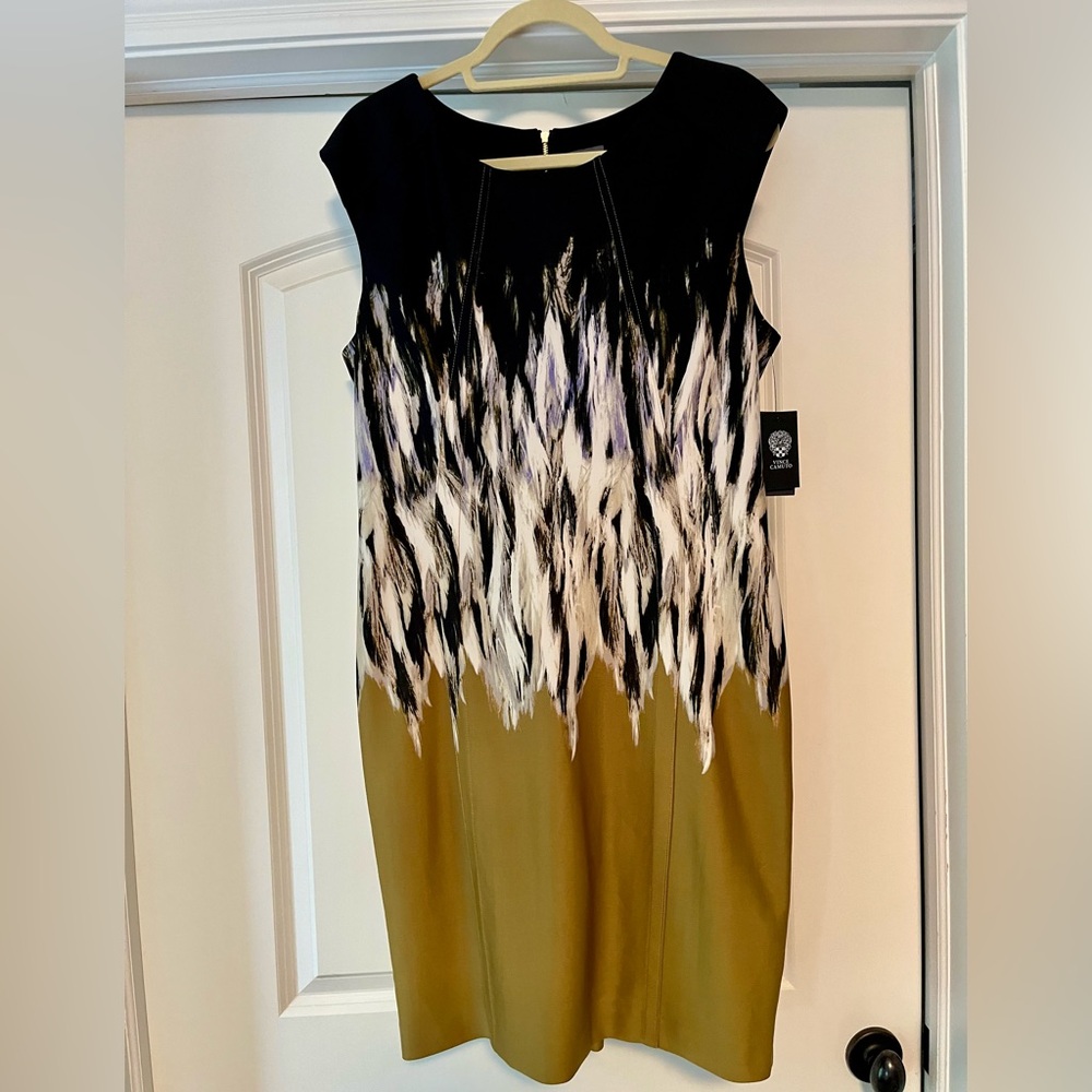 Vince Camuto Black White Olive Green Printed Sheath Dress